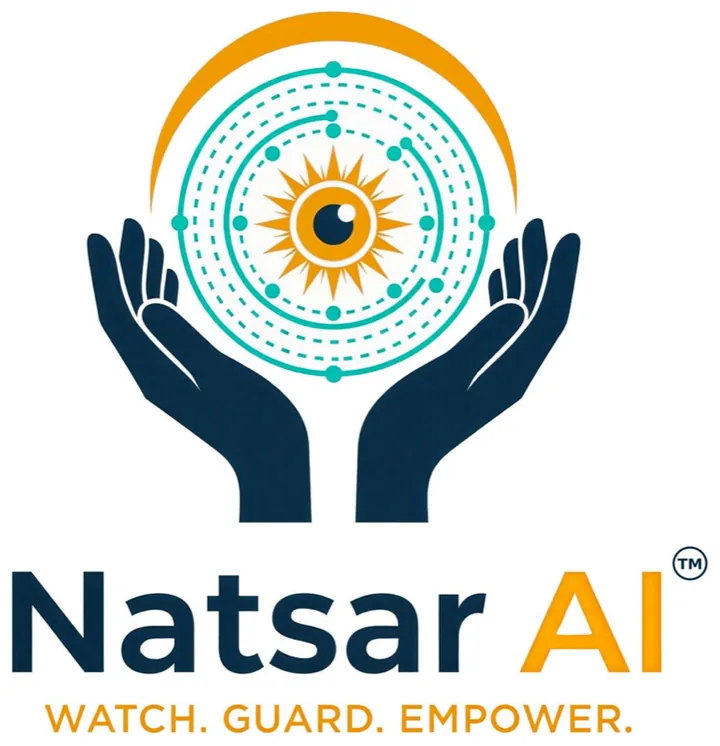 NATSAR AI logo: two hands holding an orbital eye, with the tagline Watch. Guard. Empower.